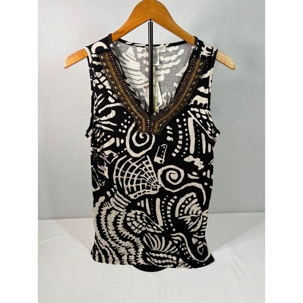 Kenar Womens Black White Abstract Print Beaded V-Neck Tank Top Large NB81249